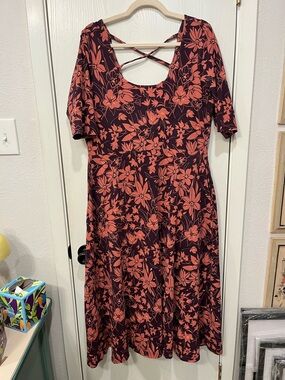 Pact Fit & Flare Midi Scoop Neck Dress Stretch Cotton Cottage Boho XL Modest
